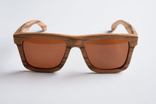 Load image into Gallery viewer, wood sunglasses, zebrawood, bewell sunglasses, engraved sunglasess